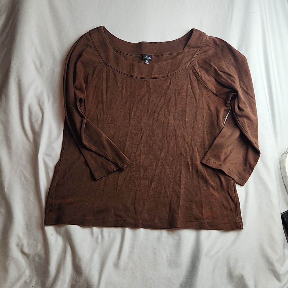 Rafaella Long Sleeve Top 100% Cotton Square Neck Brown Women's Size XL